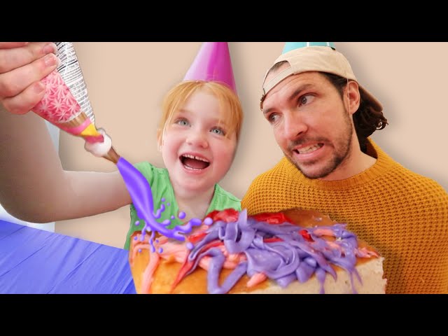 Adley NO HANDS Cake Decorating!!  Sneaking inside dads work for Surprise Spacestation BiRTHDAY PARTY