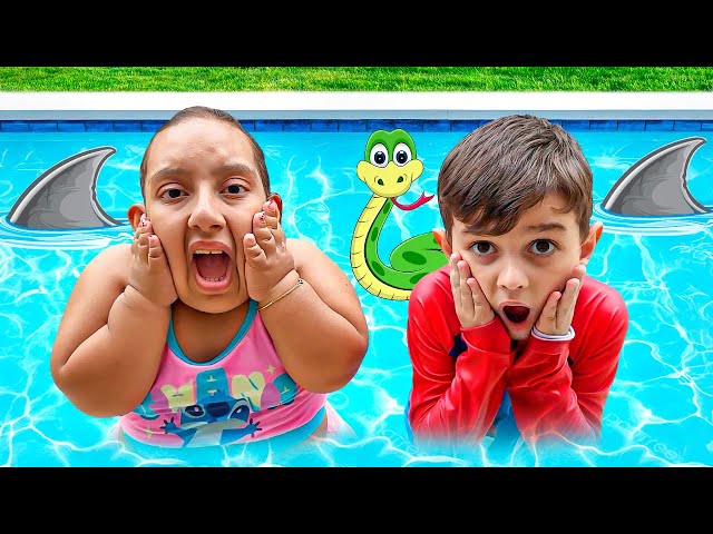 MC Divertida has fun in the pool with her cousin JP  Funny Story for Kids - Família MC Divertida