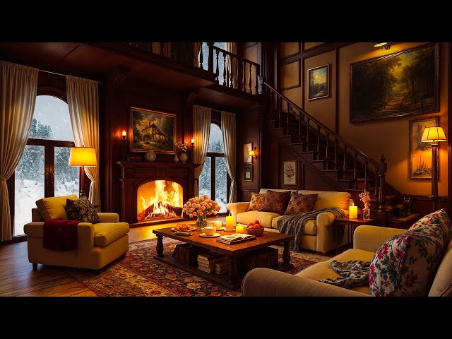 Winter Cozy Room in Snowstorm with Soothing Jazz, Fireplace Sounds & Relaxing Wind for Reading