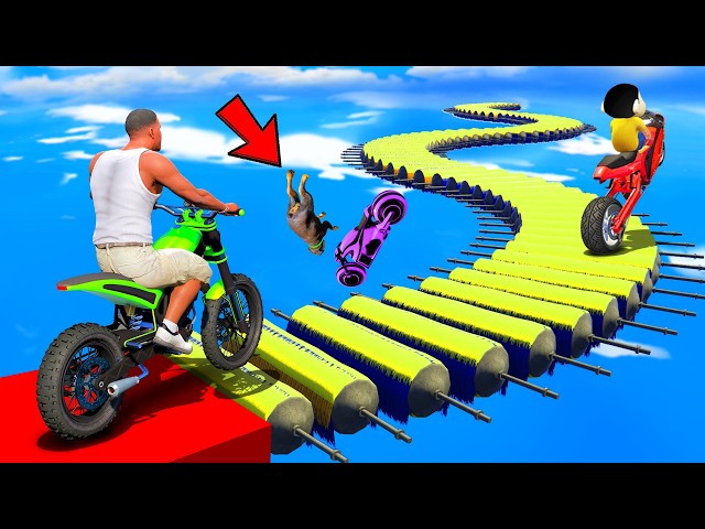 SHINCHAN AND FRANKLIN TRIED THE IMPOSSIBLE CURVY  CYLINDRICAL BRIDGE BIKES PARKOUR CHALLENGE GTA 5