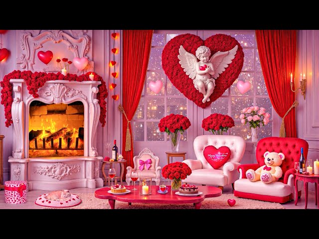 24/7 Cozy Valentine's Day Ambience ❤️ Romantic Valentine Background Music 🌹 Cozy Valentine Fireplace