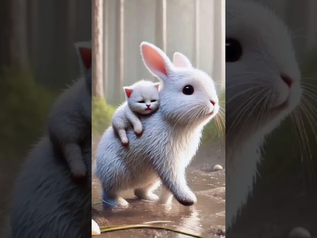 A rabbit saves a kitten that was separated from its mother🐰 #RabbitRescue #CuteAnimals #AnimalRescue