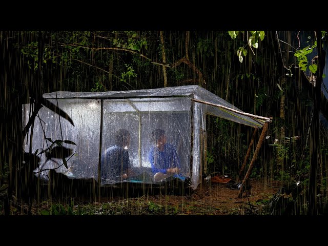 Heavy Rain Camping - Hit by Heavy Rain Multiple Times While Making a Plastic Shelter in the Forest