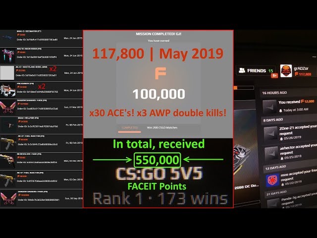 200 wins MISSION FACEIT ✓ 550 000 Points I received in May 2019 @ 30 ACE's, #1 League, x3 AWP Double