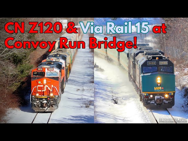 CN Z120 & Via Rail 15 at Convoy Run Bridge, Millview, NS.