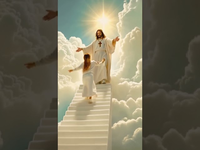 "Jesus Standing At The Top Of A Glowing White Staircase That Ascends Into The Clouds" #god #jesus