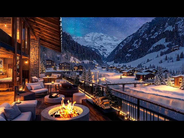 Peaceful Winter Night❄️Crackling Fire, Smooth Jazz & Snowy Mountain Views for a Cozy Terrace Retreat