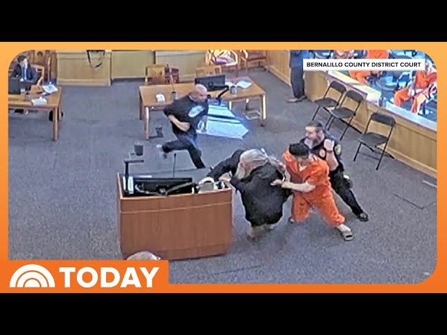 Murder suspect attacked by victim's family in wild courtroom brawl