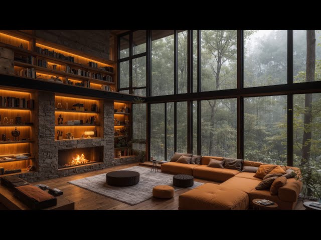 Cozy House Inside Rainforest Ambience with Smooth Piano Jazz Music & Gentle Rain Sound, Fireplace  🔥