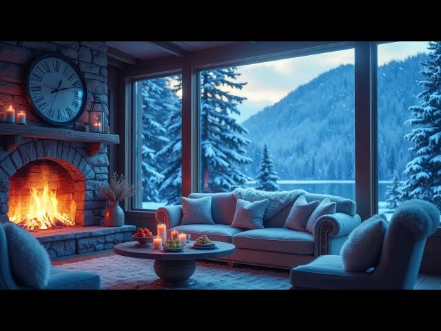 Cozy Living Room in Forest ❄️ Calm Piano Music & Crackling Fireplace for Unwind Warm Winter 🔥