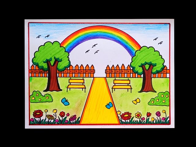 Easy Garden With Rainbow Scenery Drawing/How To Draw Flower Garden  Drawing/Rainbow Scenery Drawing