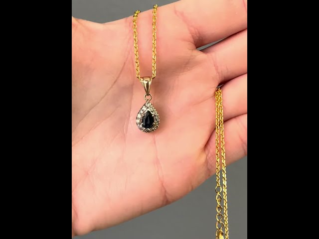 Vintage 14K Gold Sapphire Diamond Halo Pendant Necklace