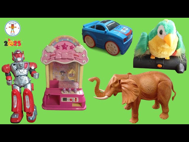 Repair five toys: Fighting robot, mini claw machine, parrot, elephant, car - sửa 5 món đồ chơi