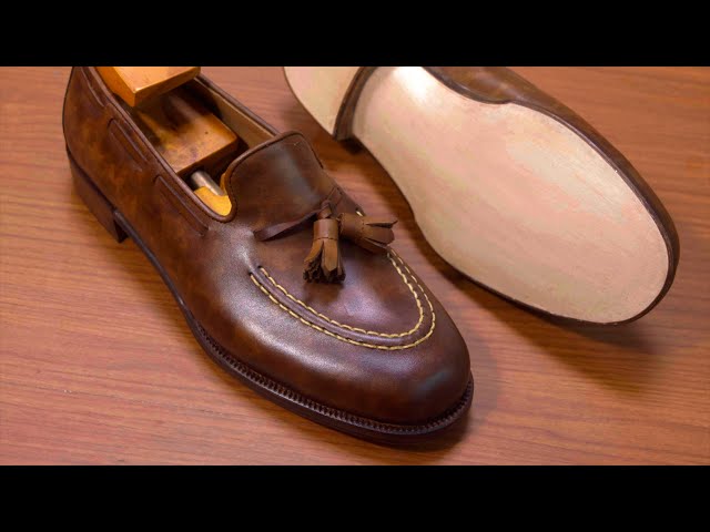 Handcrafting Tassel Loafers with Hand Dyed Leather.