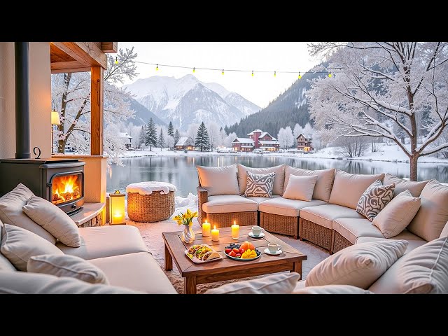 Warm Porch Ambience by the Lake ❄ Soothing Jazz Music & Fireplace Sound for Relaxation