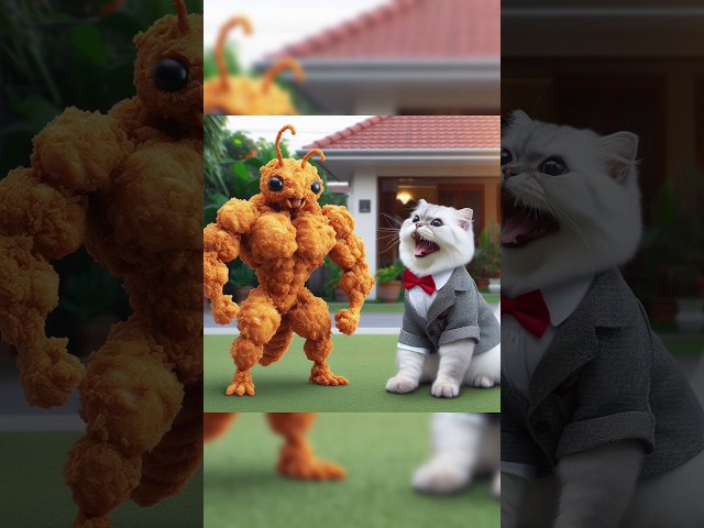 Funny cat laughs seeing ant turn into muscular pizza, hotdog, burger, sandwich and fried chicken 😹