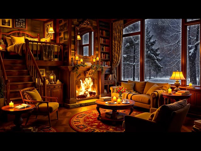 Cozy Winter Cottage Ambience ❄ Relaxing Jazz, Crackling Fireplace & Blizzard Sounds for Deep Sleep