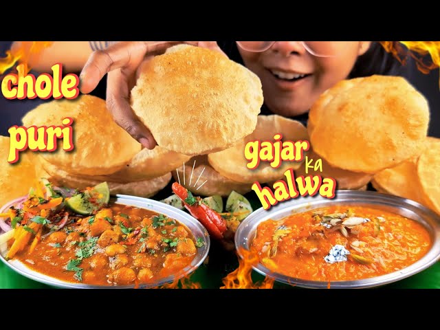 EATING 12+ PURI WITH SPICY CHOLE CHALLENGE | COOKING & EATING PURI WITH CHOLE & GAJAR KA HALWA ASMR