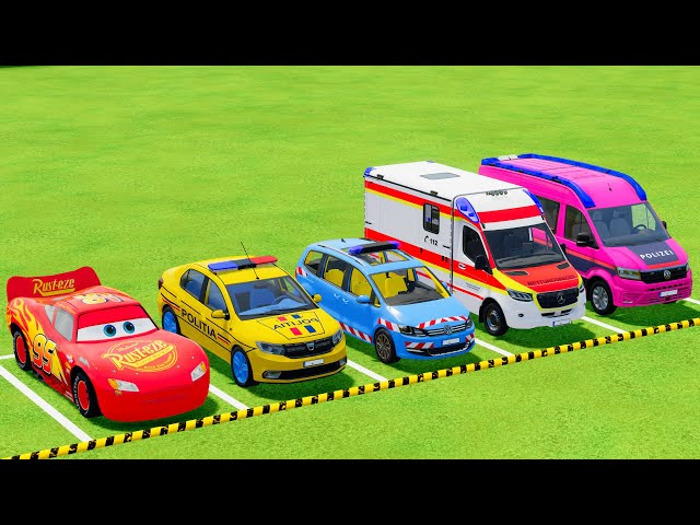 TRANSPORTING MCQUEEN, DACIA, VOLKSWAGEN POLICE CARS & MERCEDES AMBULANCE CAR WITH MAN TRUCKS ! FS22