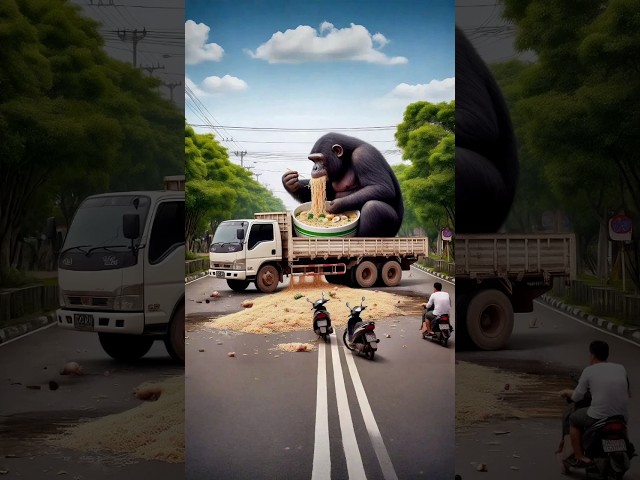 Evolution from giant chimp eating noodles on a truck to iron man eating pizza