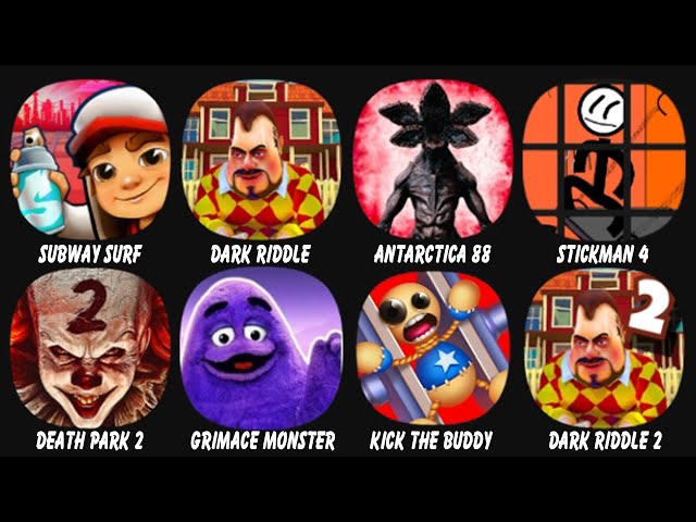 Subway Surf, Dark Riddle, Antarctica 88, Stickman, Jailbreak 4, Death Park 2, Grimace...