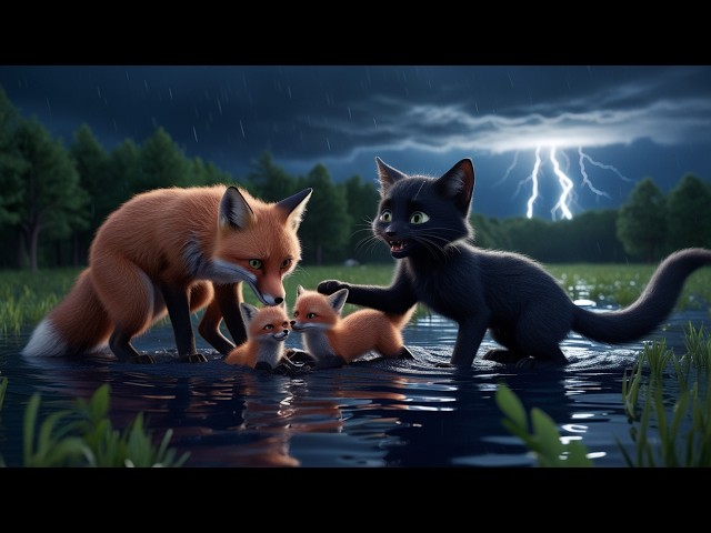 A black kitten adopted by a family of foxes in the forest:#cartoon #catvideos #caton