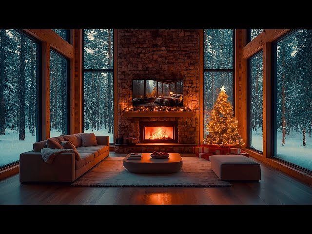 Snowy Cabin Ambiance with Crackling Fireplace🔥 & Jazz Music🎶