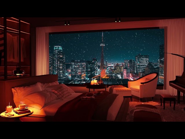 Snowing on Window Ambience of Luxury Apartment in Winter Night with Relaxing Jazz Music for Relax