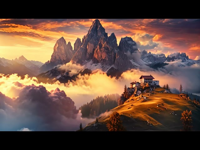 Fantastic sunset in the Dolomites mountains, Italy, Mountains in fog with