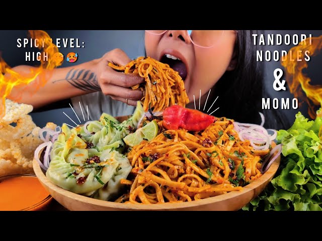 COOKING & EATING SPICY TANDOORI NOODLES WITH MOMO & SPICY CHUTNEY | EATING SPICY NOODLES & MOMO ASMR