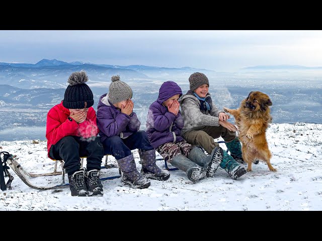 Happy life of a family of 7 children in a mountain village in winter. Life is far from civilization