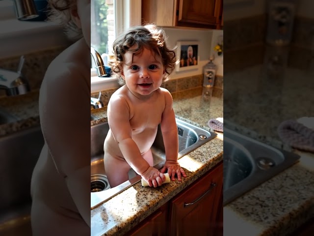 baby washing dishes