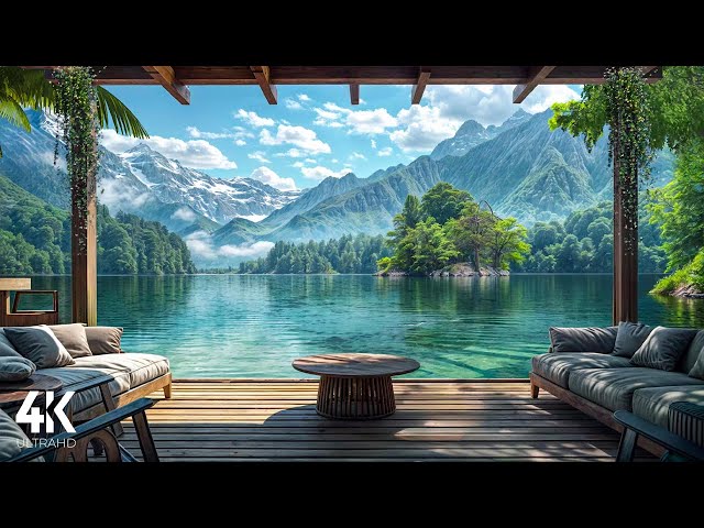 Soft Spring Ambience on a Wooden Porch🌤️4K ASMR- Cozy Lake Wave Sounds & Birds Chirping for Relaxing