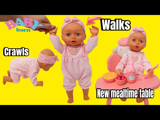 New Baby Born doll Olivia Morning Routine doll walks and crawls feeding doll with mealtime table