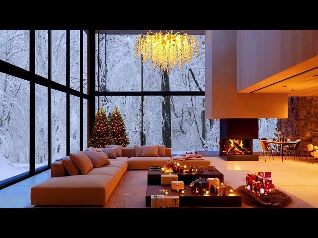 8Hr Cozy Winter Luxury apartment with Fireplace, Snow Falling and Soothing Wind for Relaxation