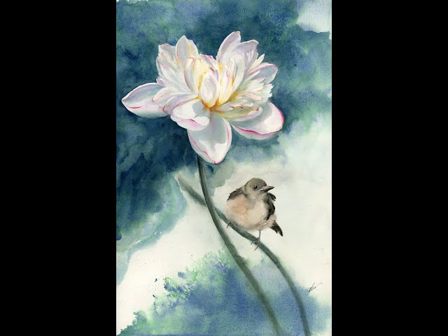 Paint a colourful white lotus flower and a cute sparrow in watercolour