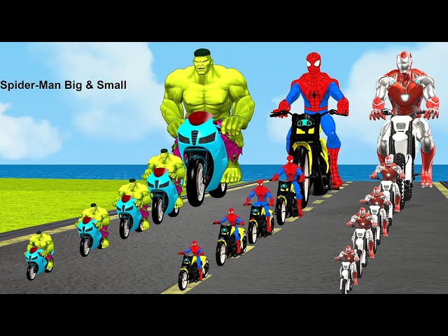 Siêu nhân nhện🔴Spider-Man Big & Small Motorcycle Obstacle Challenge vs Red Iron Man vs Hulk green