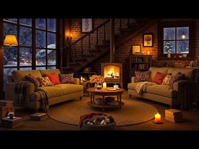 Late Winter Night in Cozy Cabin Ambience with Gentle Jazz Music & Crackling Fireplace for Relaxation