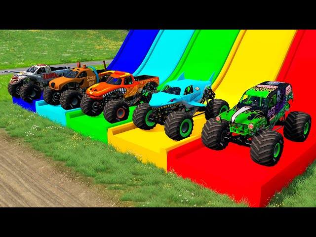 Double Flatbed Trailer Monster Trucks Transport with Slide Color - Cars vs Speed bump - BeamNG #07