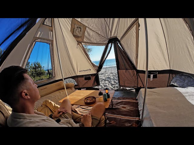 I Built a GIANT fully furnished TENT right on the Beach, SOLO! [ Tropical Rain Forest Island, ASMR ]