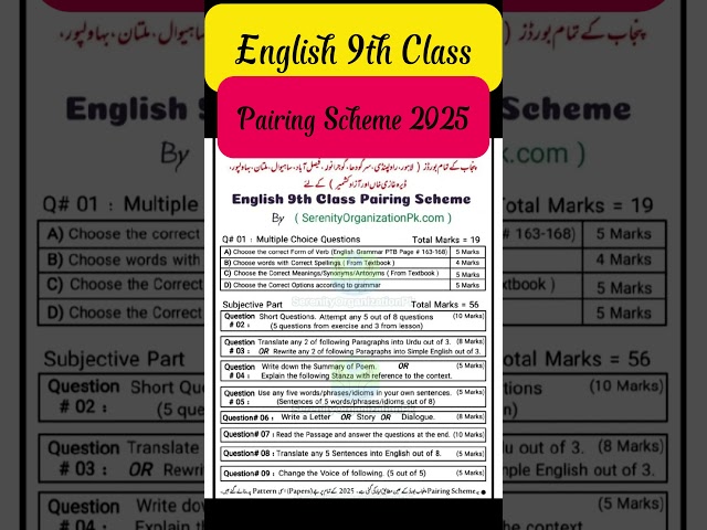 English 9th class Pairing Scheme 2025 |Class 9th English Paper Scheme 2025