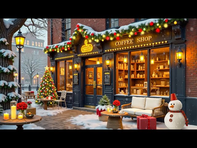 Morning Christmas Coffee Shop Ambience 🎄 Relaxing Christmas Jazz Music & Snowing Ambience for Work