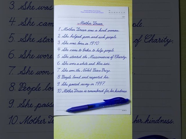 10 Lines on Mother Teresa In English Cursive Writing | Cursive Handwriting Practice |English Writing