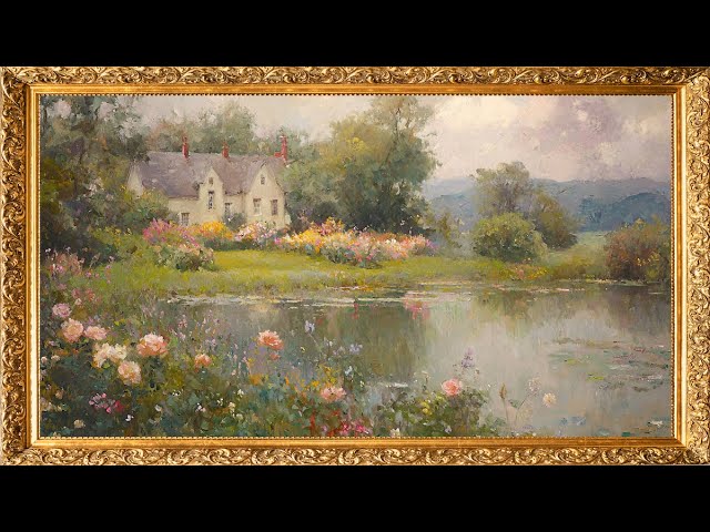 Gold Framed Vintage TV Art: Oil Painting of a House Across the Lake with Flowers | 4K TV Wallpaper