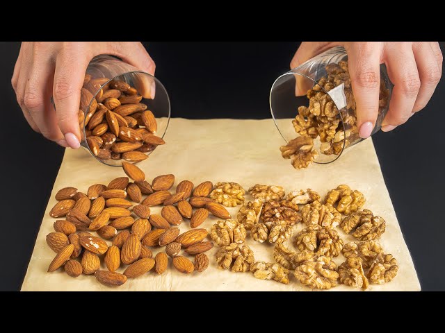 Mix almonds, walnuts and puff pastry! A simple dessert in 5 minutes!