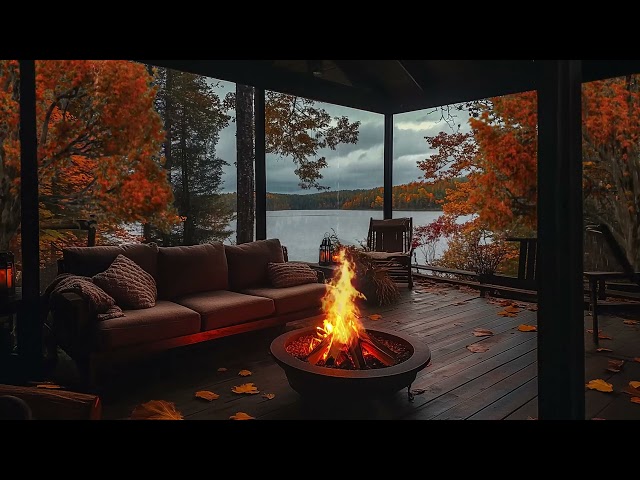 Stormy Fall Evening on the Porch: Crackling Fire, Heavy Rain, and Rolling Thunder