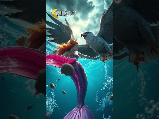 A cat-faced mermaid with a shimmering pink and purple tail and a fierce eagle.