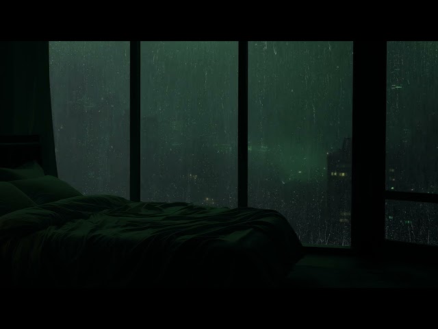 Gentle Rainfall Sounds for Better Sleep in a Bedroom Facing a Quiet Green City at Night