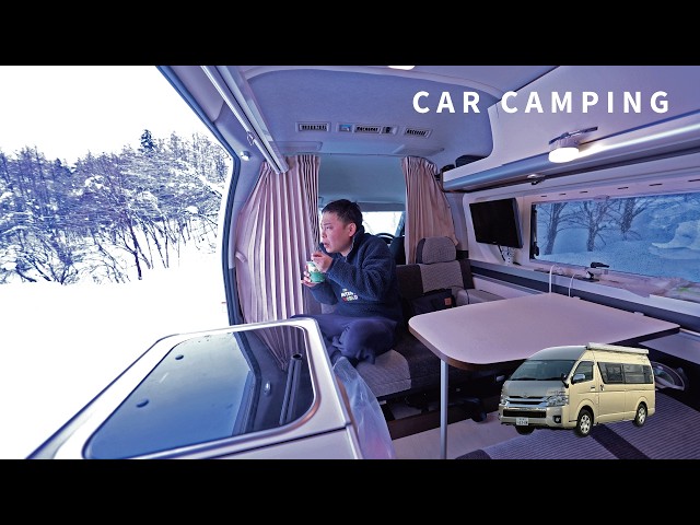 [Winter car camping] Sleeping alone in the car on a freezing snowy night | Hiace camper