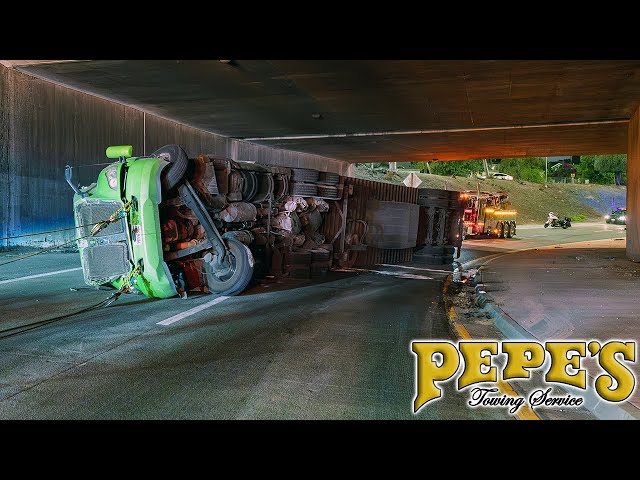 Insane Tractor-Trailer Rollover UNDER a Bridge!